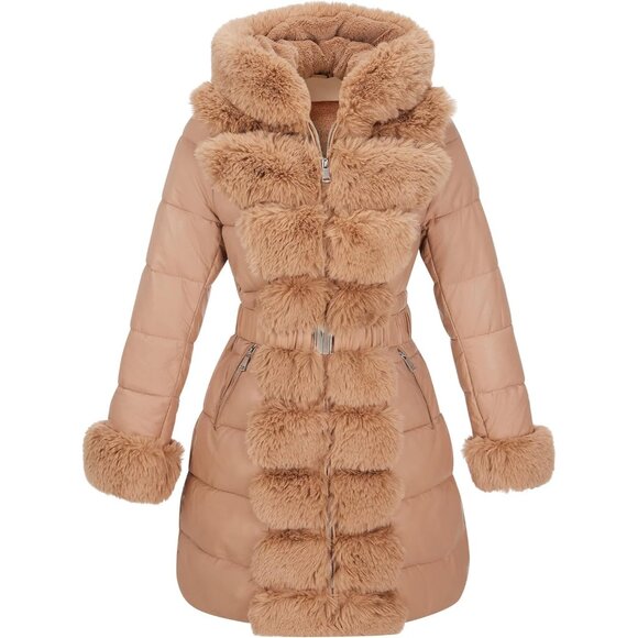 Puffer Jacket Women Winter Fur Lined Apricot Coat Long Fur Collar Warm Overcoat - Picture 1 of 5